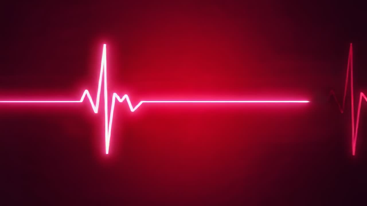 Onda de ECG de néon pulsante, iniciando com um pico central e movendo-se por um gradiente escuro, simulando um pulso.