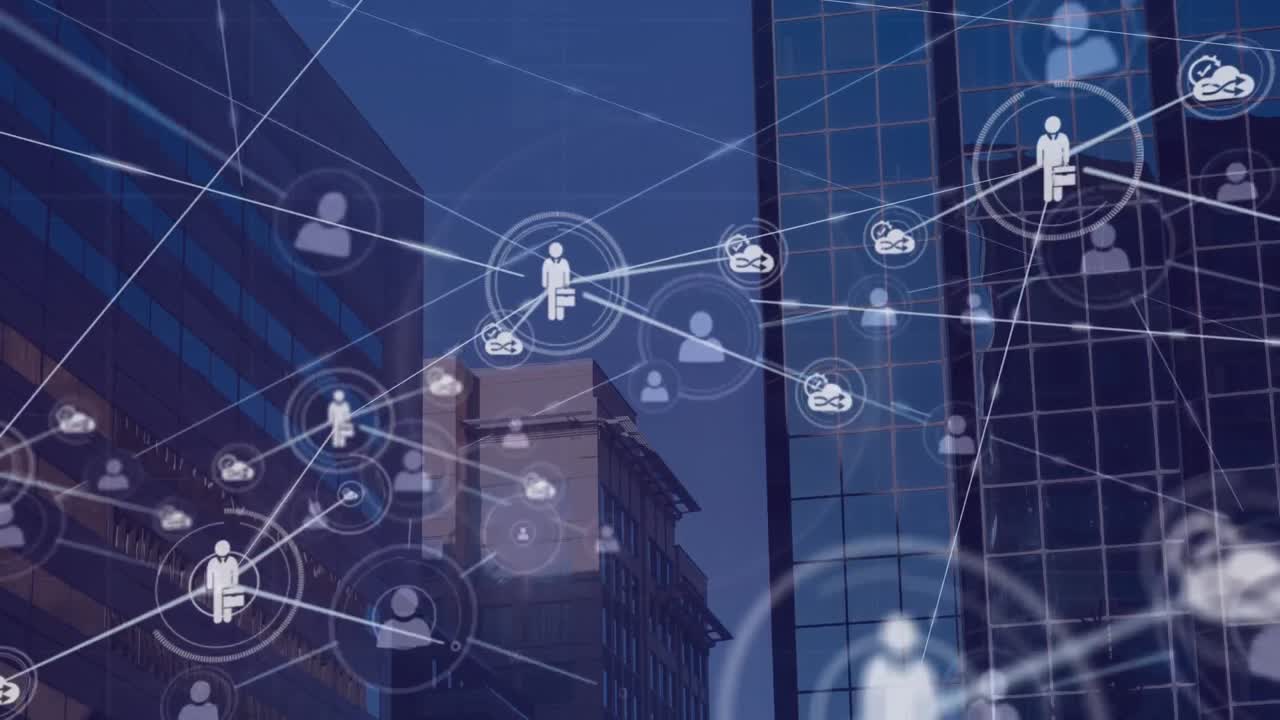 도시 풍경 위의 아이콘으로 연결된 네트워크의 애니메이션