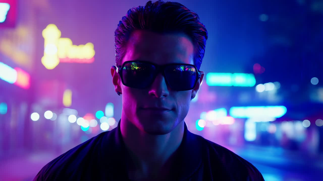 Mand i solbriller på neonlys-oplyst bygade om natten