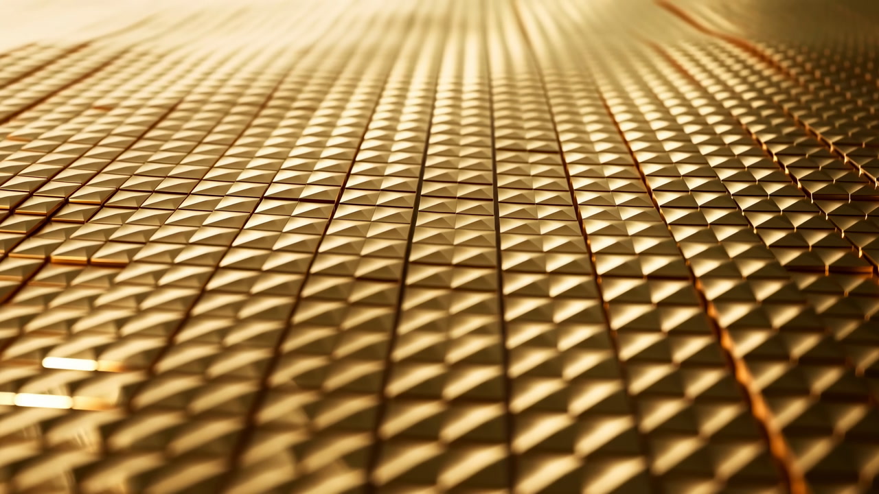 Close Up Golden Tiled Surface Shimmering Under Warm Cinematic Light, Repeating Geometric Pyramids Create