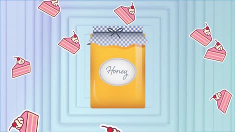 Animation-of-jar-of-honey-and-falling-pink-slices-of-cake-over-blue-concentric-square-outlines