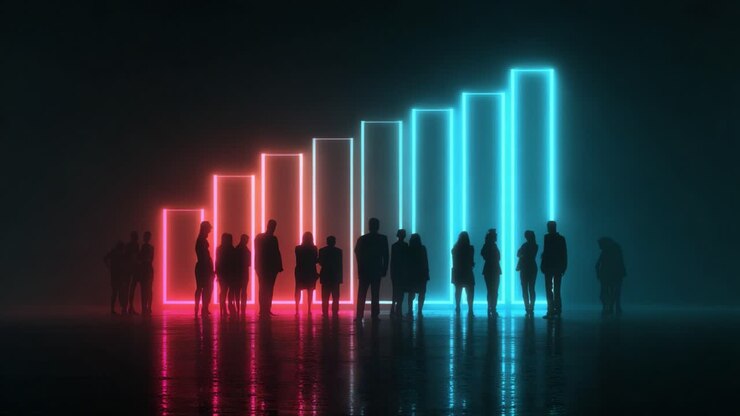 A captivating visual representation of progress and growth, featuring silhouetted figures standing before a dynamic neon bar chart that transitions from vibrant pink to calming blue, illustrating increasing metrics