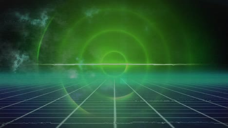 this video is a digitally generated animation of a grid in black and blue with green circles glowing