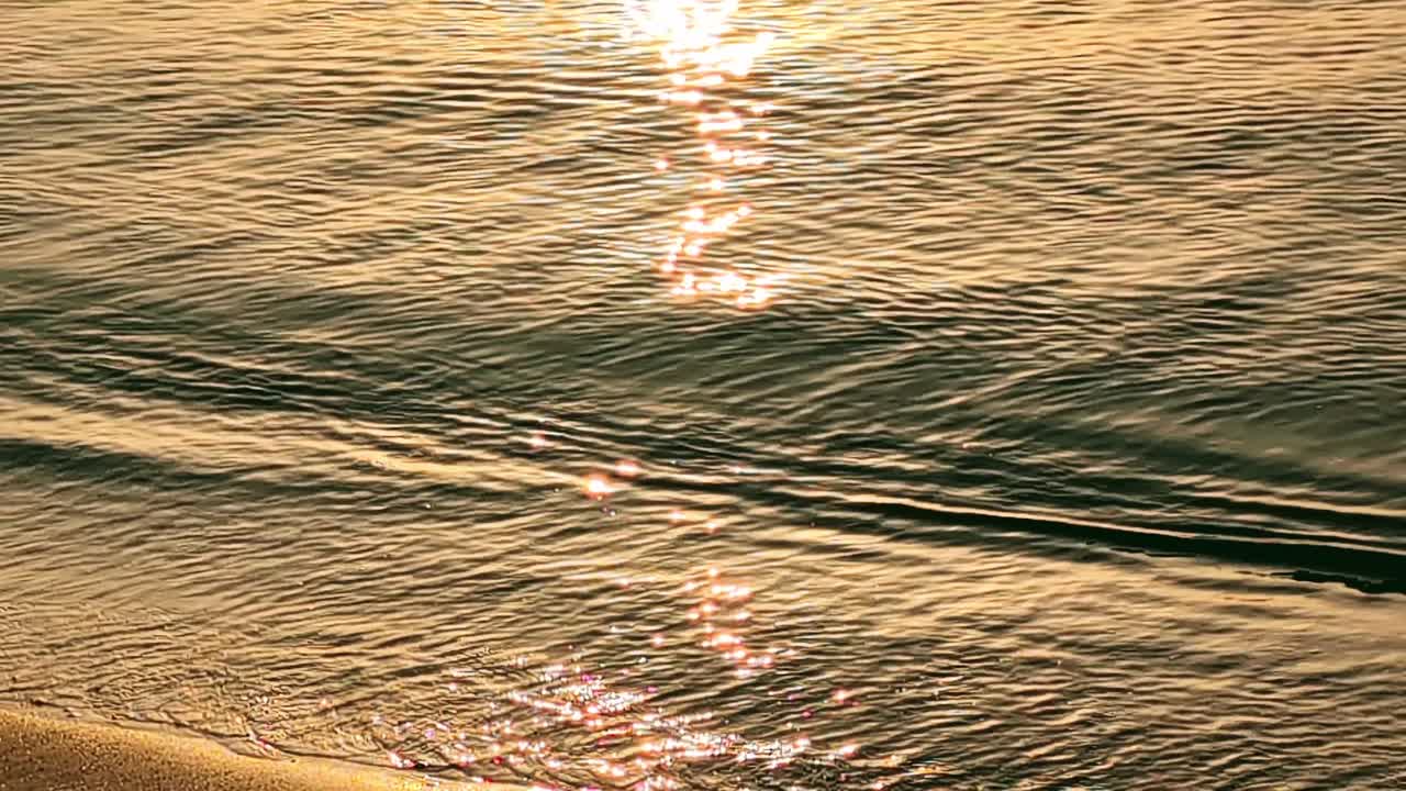 Cinematic view of gentle ocean waves rolling onto sandy shore. Golden sunlight reflects on water surface creating calm coastal mood along Bulgaria coastline