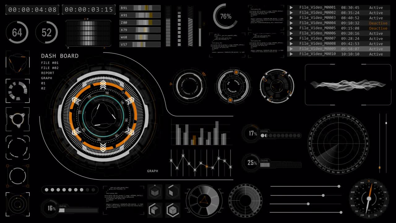 머리 위 디스플레이의 모션 그래픽 (hudui) 기술 인터페이스 화면과 미래의 요소 그래프 및 채팅 패널 추상적인 배경 알파 채널 포함