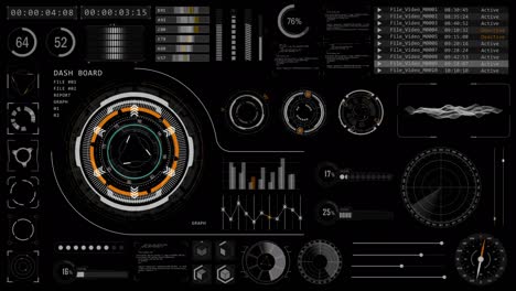 motion graphic of head up display ( hud ui ) technologie interface scherm met futuristische elementen grafiek en chat paneel abstracte achtergrond alpha kanaal inbegrepen