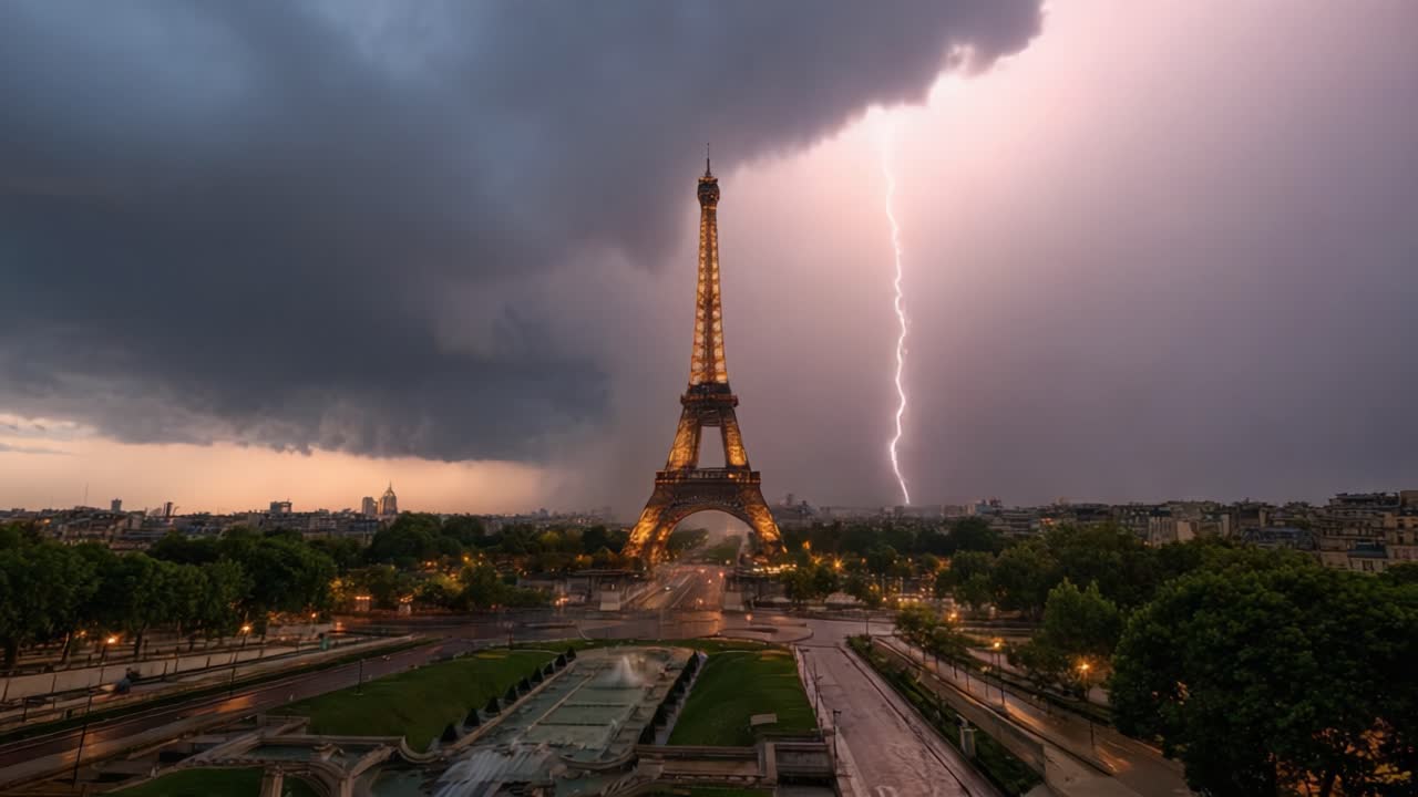 Những tia sét ngoạn mục gần Tháp Eiffel biểu tượng giữa những đám mây bão đáng ngại, thể hiện sức mạnh của thiên nhiên và vẻ đẹp đô thị tại các địa danh Paris.