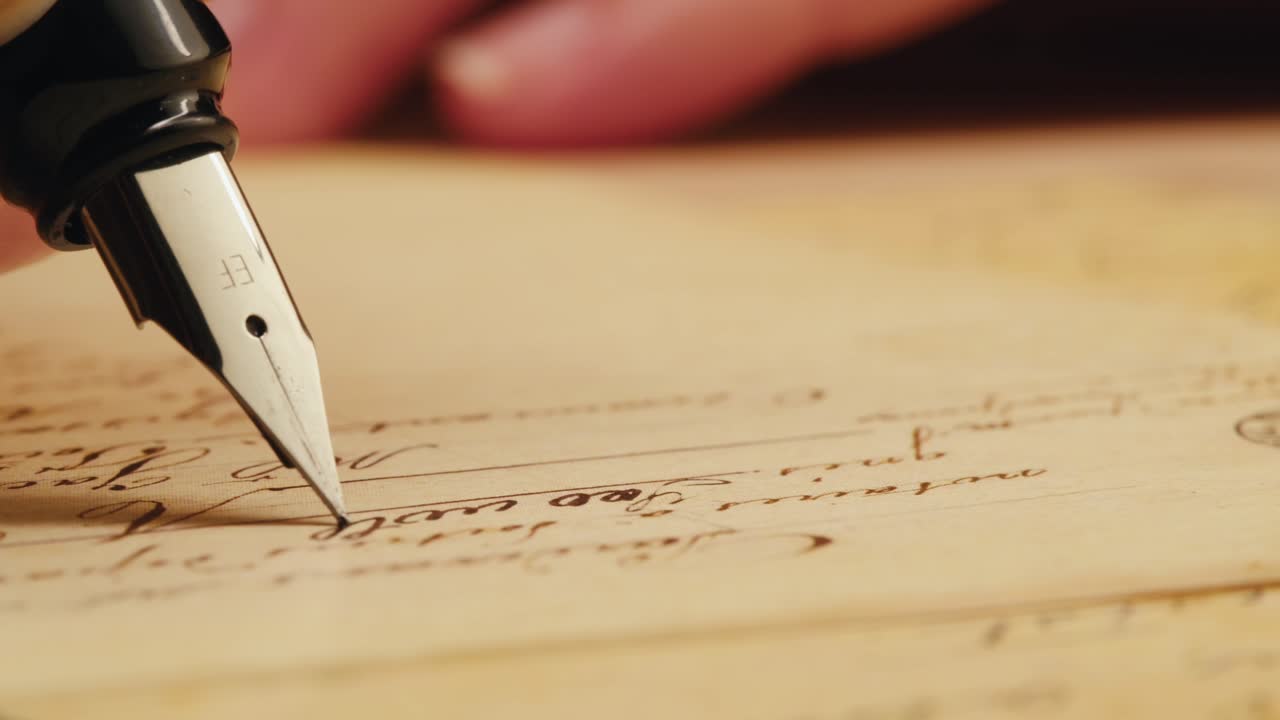 Close-up of a Fountain Pen Writing on Old Paper