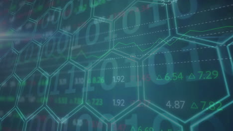 Animation-of-binary-coding-financial-data-processing-over-network-of-hexagons