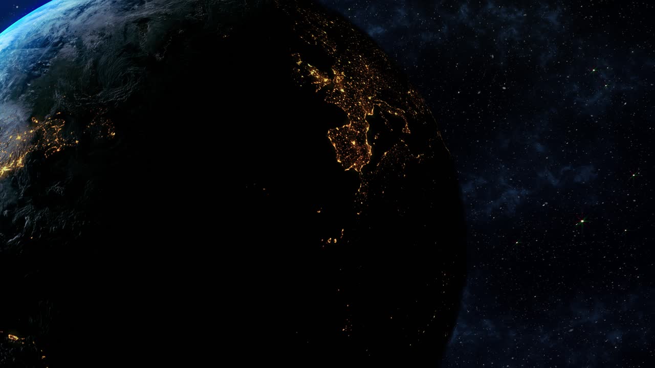 宇宙空間の夜の地球、都市の光、銀河から見た夜の国々、通信技術