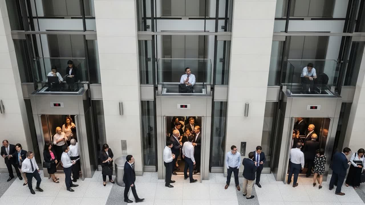 A bustling modern office lobby filled with professionals engaging in elevator activity, showcasing the dynamic flow of individuals and groups as they navigate their workday
