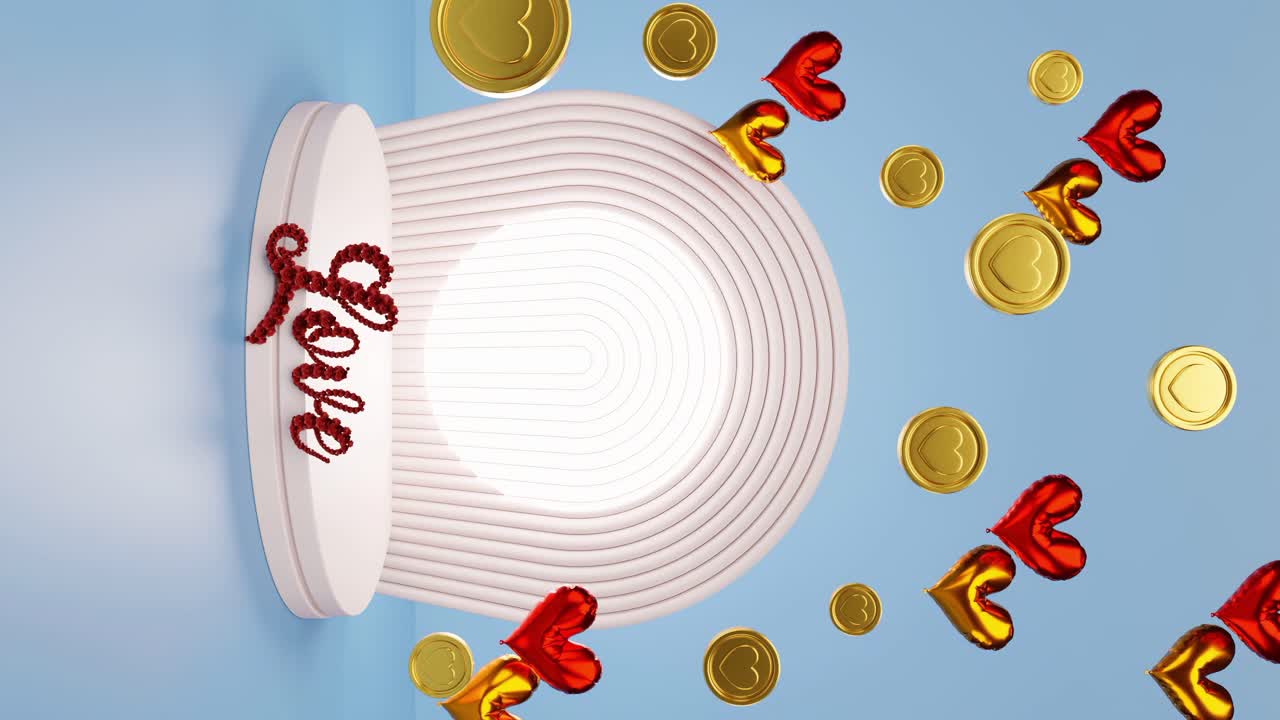 di prodotto di esposizione verticale con sfondo di cuore in moneta d'oro e palloncini e lettere d'amore per la celebrazione di san valentino relazione di coppia romantica rendering animazione e-commerce negozio online