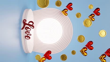 vertical of display product with heart background in gold coin and balloons and love letters for st valentine celebration romantic couple affair rendering animation e-commerce online shop