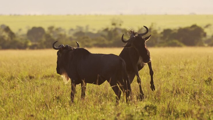 Rallentatore della fauna selvatica africana, gnu che saltano, balzano, giocano, impennano e si divertono. Animali felici in safari nel Masai Mara, Kenya, con la splendida luce del tramonto africano nello scenario della savana.