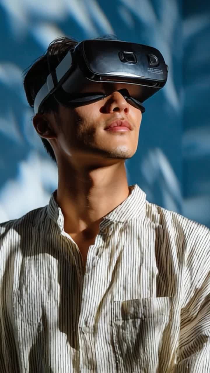 Persona impegnata in un'esperienza di realtà virtuale con visore su sfondo creativo con motivi luminosi che evidenziano l'interazione tecnologica