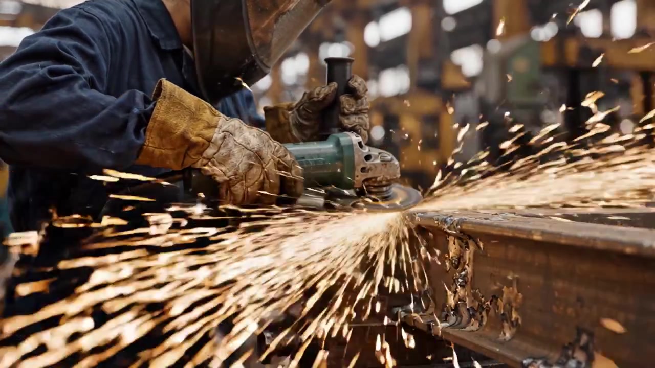 Um Trabalhador Qualificado Realizando Metalurgia, Utilizando uma Esmerilhadeira para Moldar Metal, Produzindo Faíscas em um Ambiente de Fabricação com Máquinas Pesadas e Equipamentos Industriais