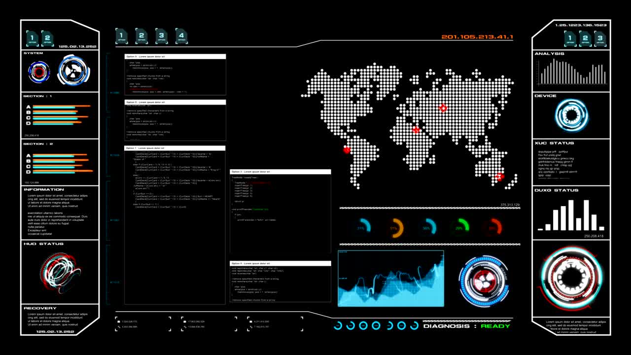 카드 데이터 hud pi bar 텍스트 박스 테이블 및 미래 기술 개념을위한 어두운 추상적인 배경에 있는 요소