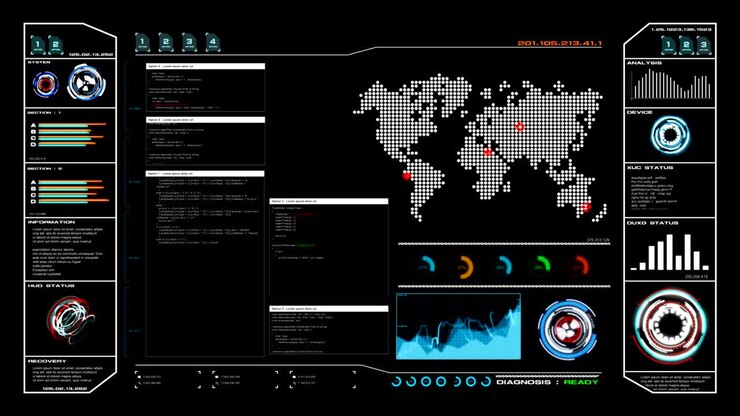4K Animation UI User Interface with map data HUD pi bar text box table and element on dark abstract background for futuristic technology concept