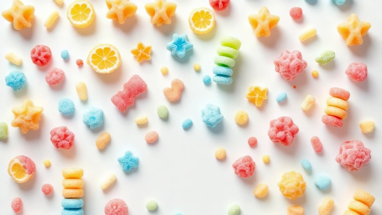 Assorted colorful gummy candies and jellies spread out on a white background, creating a vibrant and playful pattern