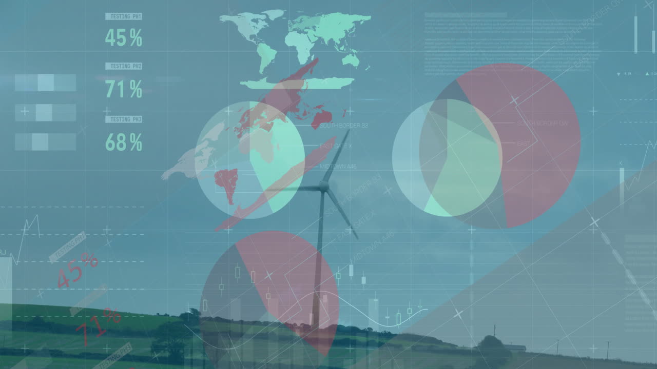 Wind turbine spinning on hill, featuring translucent data charts, grids, world map overlays