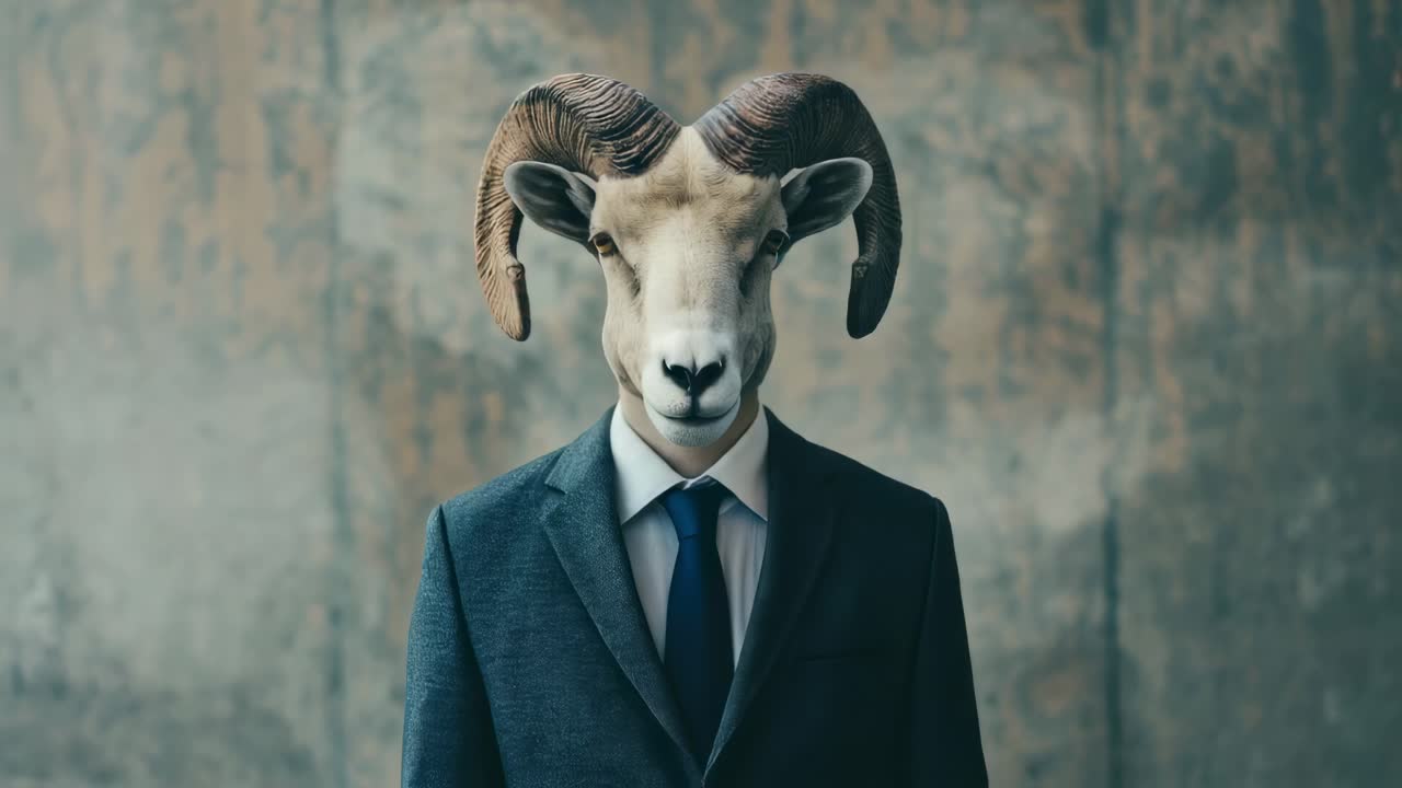 Surreal businessman portrait featuring ram head mask, standing in grey suit against textured wall background, blending professional attire with bizarre zoomorphic imagery