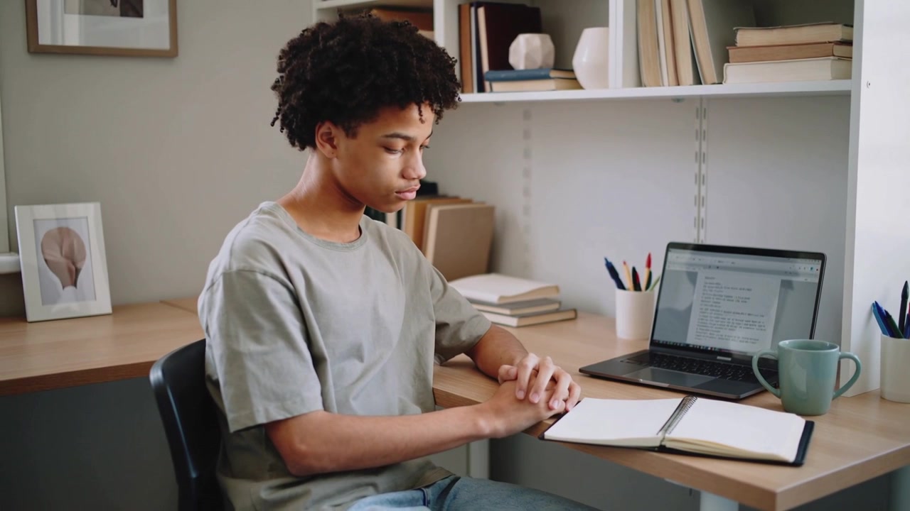 Placing hands on notebook, teen wearing grey tee, jeans preparing to write at home with laptop
