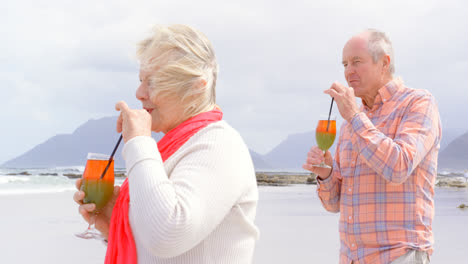 Side-view-of-old-caucasian-senior-couple-drinking-cocktail-at-beach-4k