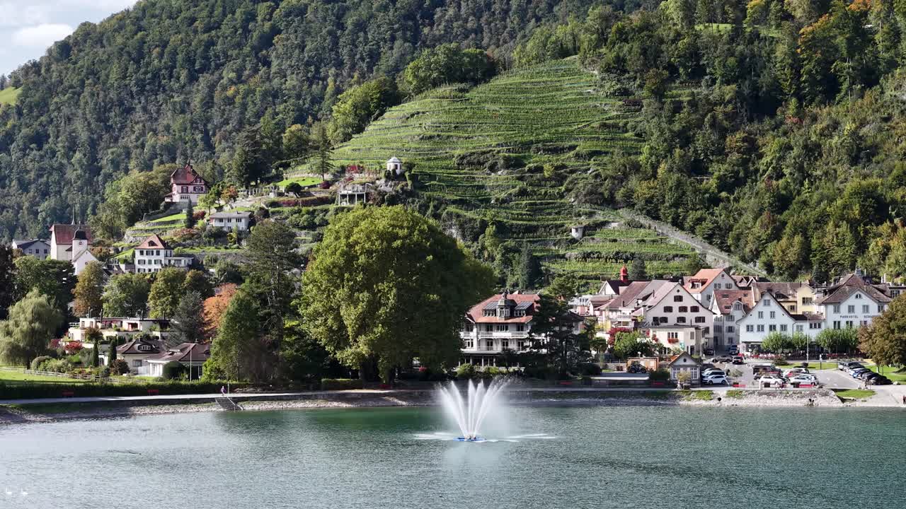 Aerial view of a Swiss lakeside village on Walensee, surrounded by vineyards, forested hills, and traditional alpine houses by the water