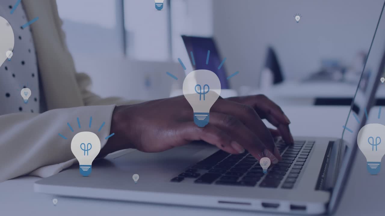 Animation of icons and data processing over african american woman typing