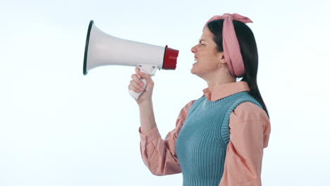 Screaming,-megaphone-and-angry-woman-protest