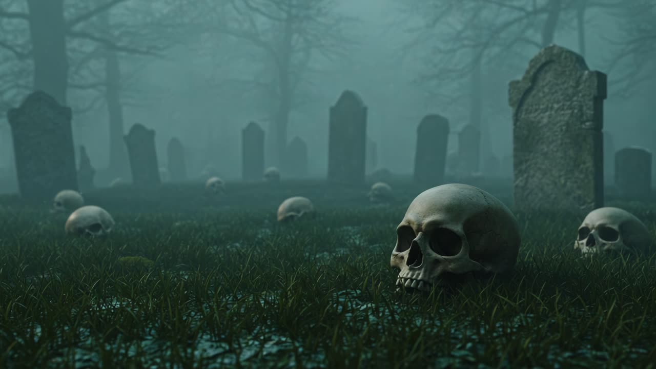 Eerie Graveyard Scene: A Haunting Display of Skulls Amidst Foggy Tombstones and Overgrown Grass, Capturing the Essence of a Forgotten Afterlife
