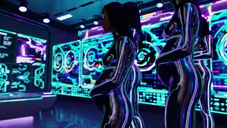 futuristic pregnant women in neon suits