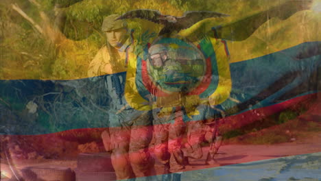 animación de la bandera de colombia sobre varios soldados varones caminando con armas