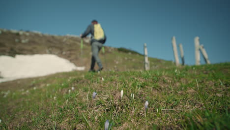 low prespective of a hiker walking past the camera and away on the path towards the peak of mountain