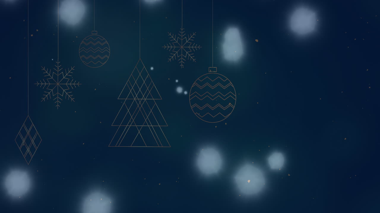 파란색 배경에 크리스마스 장식 위에 빛의 반점의 애니메이션