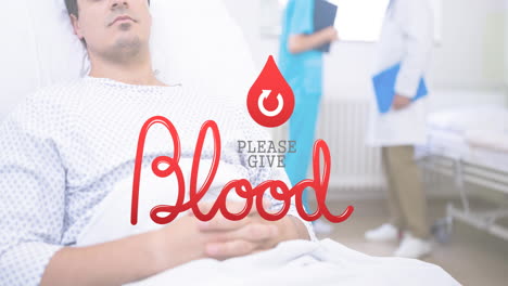 animation of please give blood text over doctors and patient