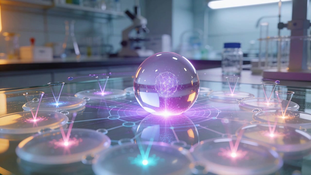 Reacting to pulsed wells, central droplet forming hologram lattice on lab bench