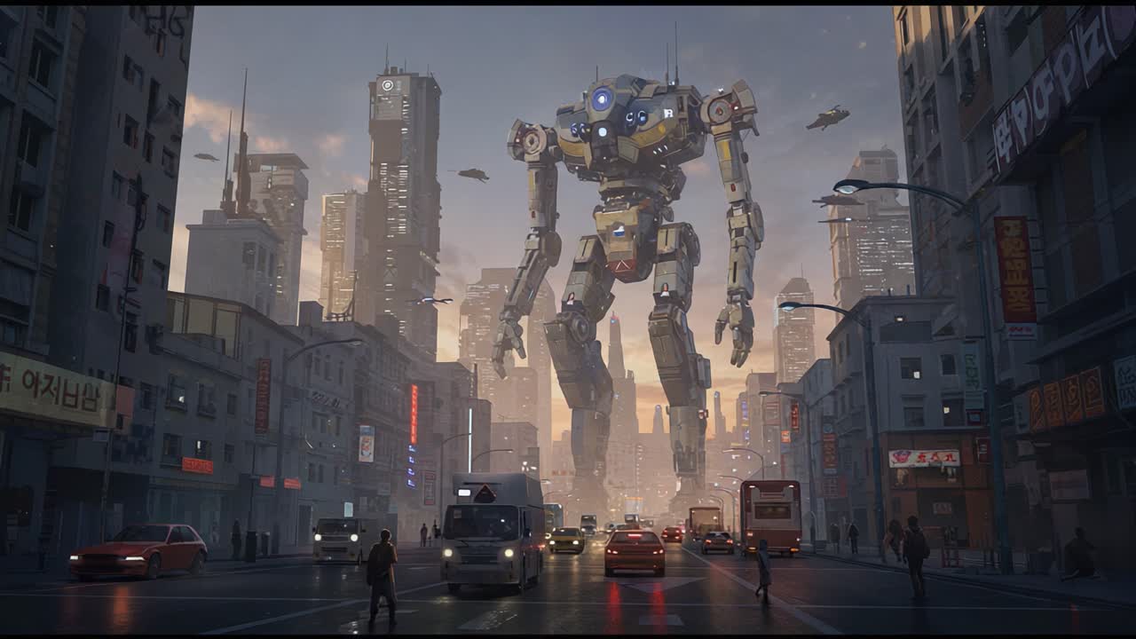 A towering robot stands majestically amidst a futuristic cityscape, with bustling streets, glowing skyscrapers, and flying vehicles creating an awe-inspiring sci-fi atmosphere