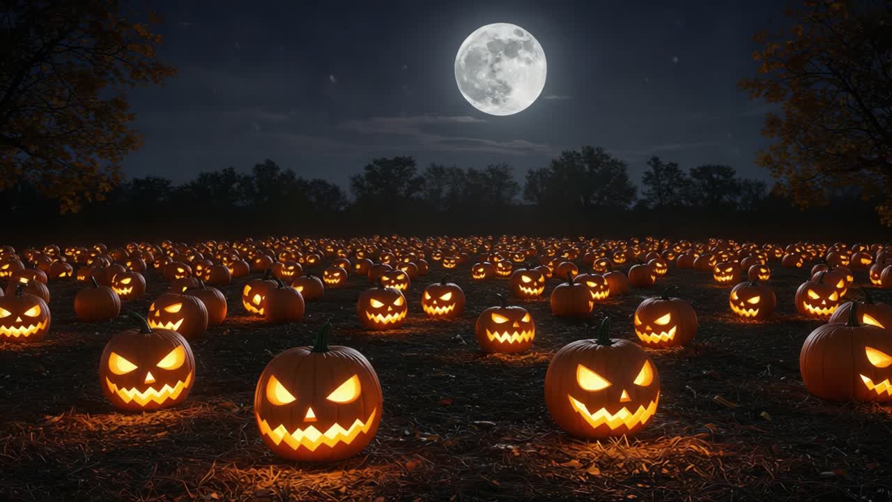 A Spooky Halloween Night Filled with Grinning Jack-o'-Lanterns, Illuminated Under a Full Moon Amidst a Field of Eerie Floating Bats and Dark Silhouetted Trees