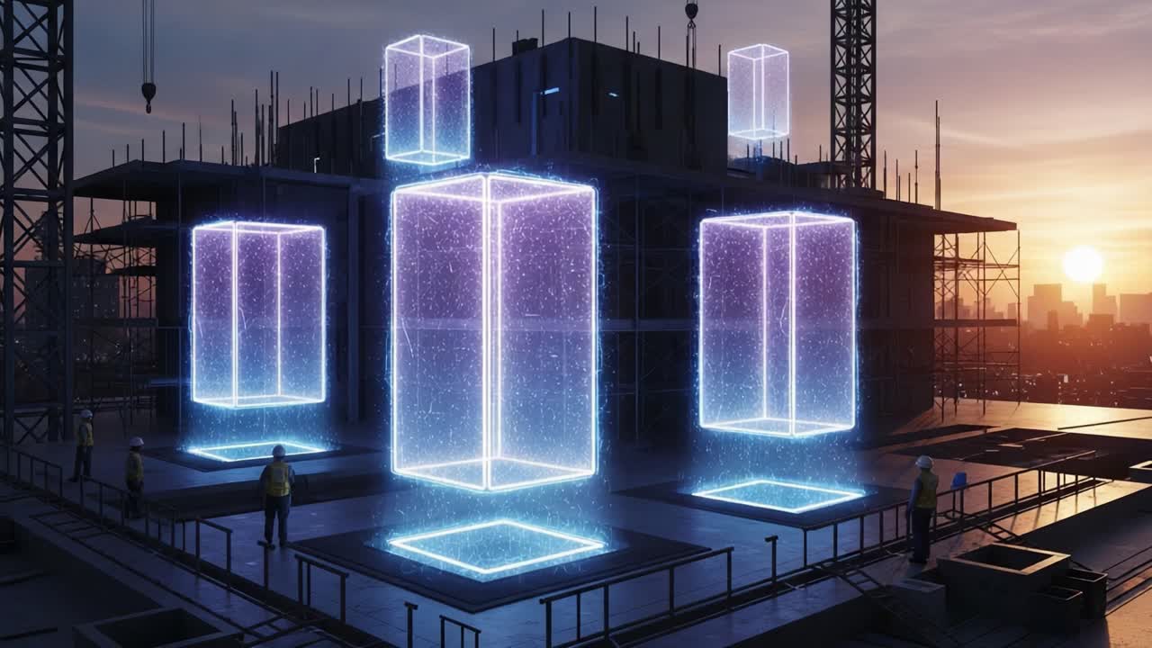 A Futuristic Construction Site with Glowing Holographic Structures Emanating Ethereal Light at Sunset, Showcasing Innovative Technology in Urban Development