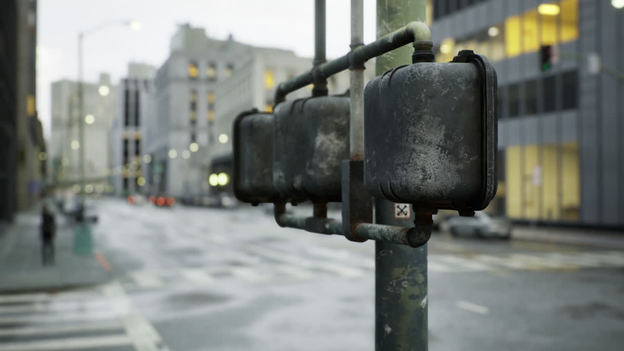 도시 환경 에서 비가 오는 날 에 교통 신호 를 가진 도시 거리