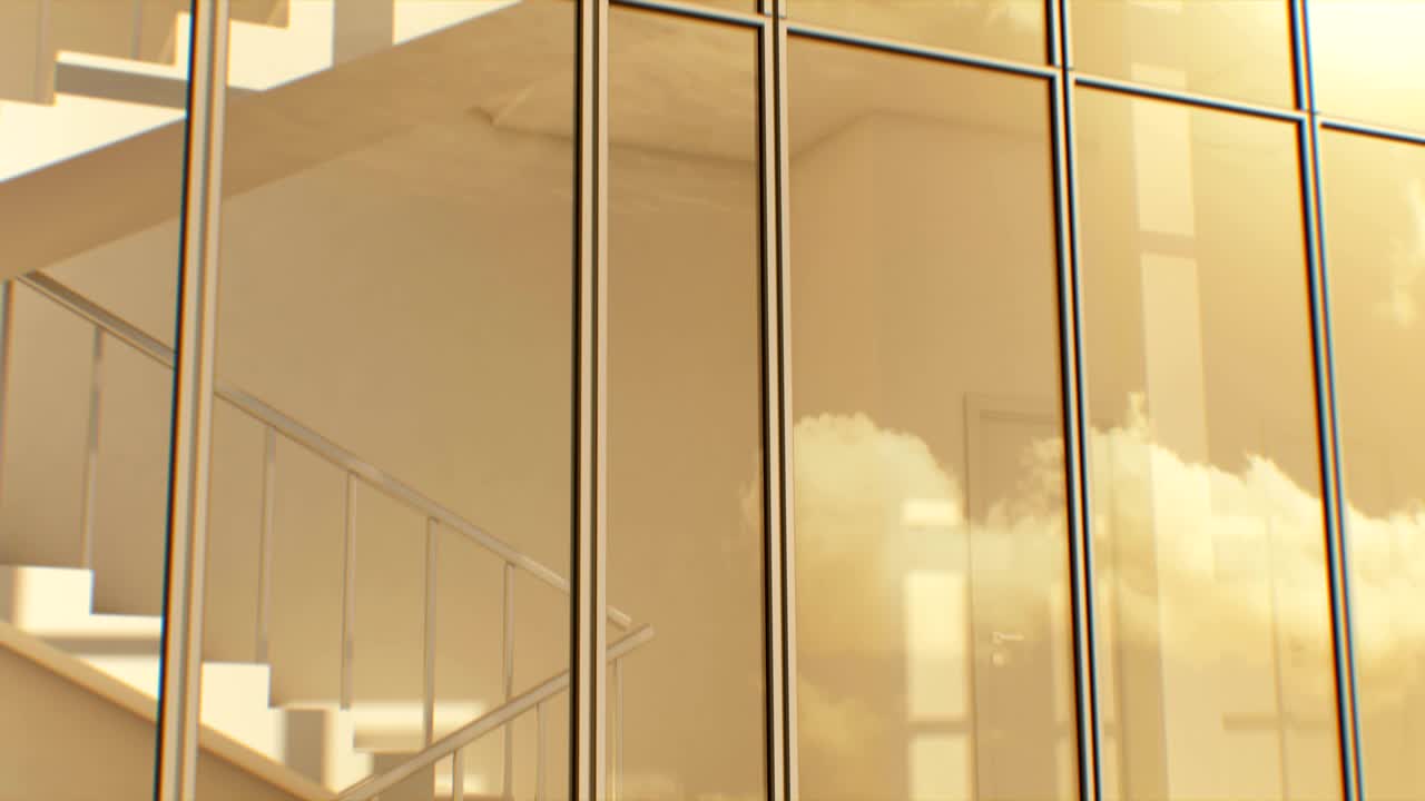 Abstract Modern Building Facade with Sky and Clouds Reflecting Seamless. Looped 3d Animation of Skyscraper Exterior and Interior.