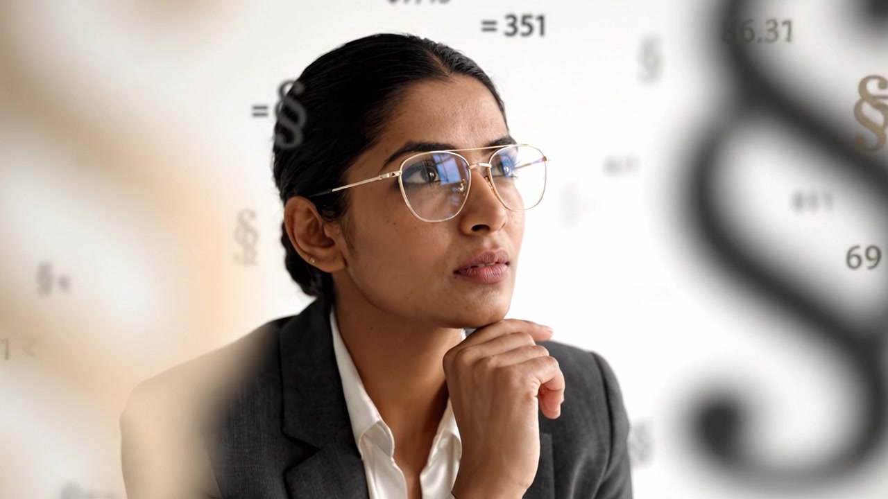 Contemplative Businesswoman Analyzing Complex Financial Data and Legal Symbols in a Professional Setting with Focus and Determination