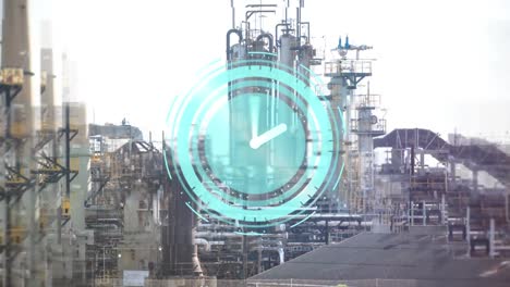 animation of clock over urban factory landscape