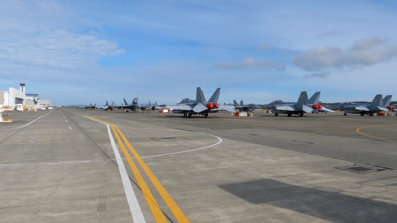 líneas de aviones de combate sentados en la pista naval, listos para desplegar