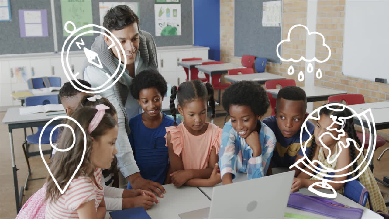 uso de computadora portátil en la escuela, maestro y estudiantes con símbolos educativos animación