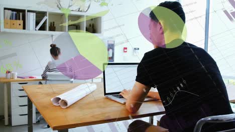 Animation of statistical data processing against rear view of biracial man using laptop at office