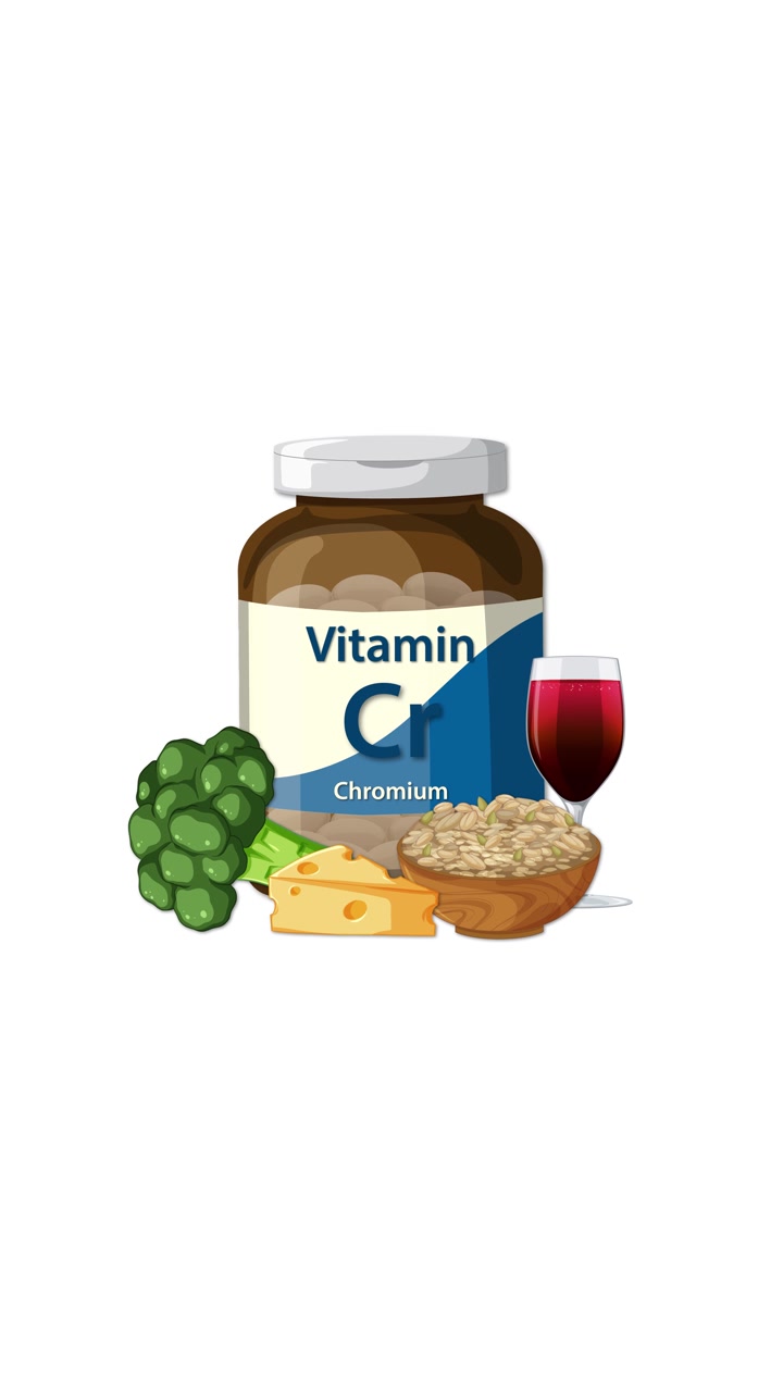 Una bottiglia di vitamine al cromo appare con broccoli, formaggio, cereali e vino in un'animazione fluida e pulita.