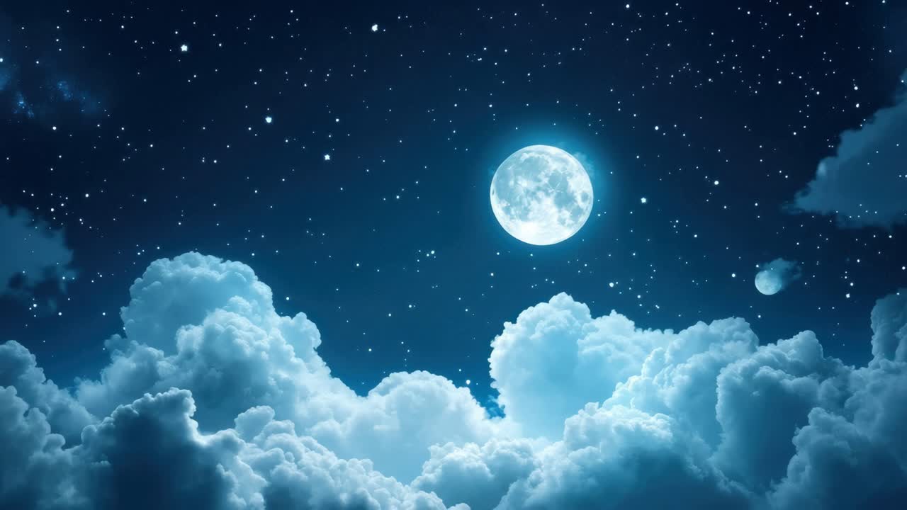 A serene night sky video concept with a full moon and stars above fluffy clouds