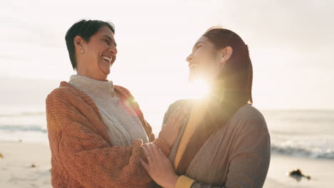 Happy,-beach-and-senior-mother-laughing